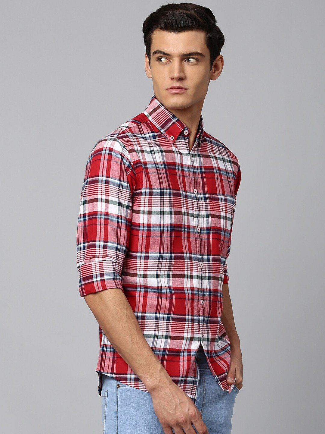 

Dennis Lingo Men Red Slim Fit Tartan Checked Casual Shirt