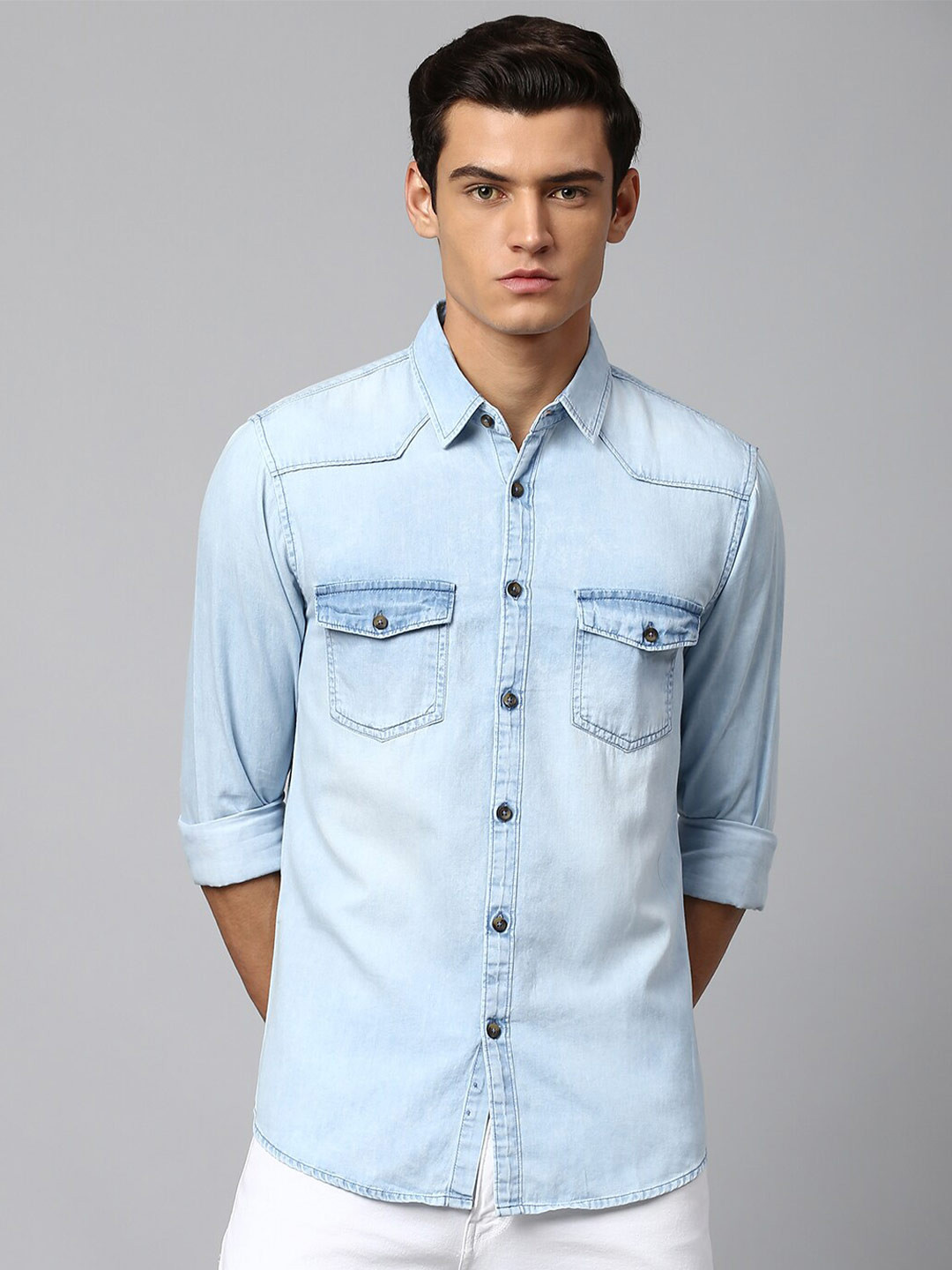 

Dennis Lingo Men Blue Slim Fit Faded Pure Cotton Denim Casual Shirt