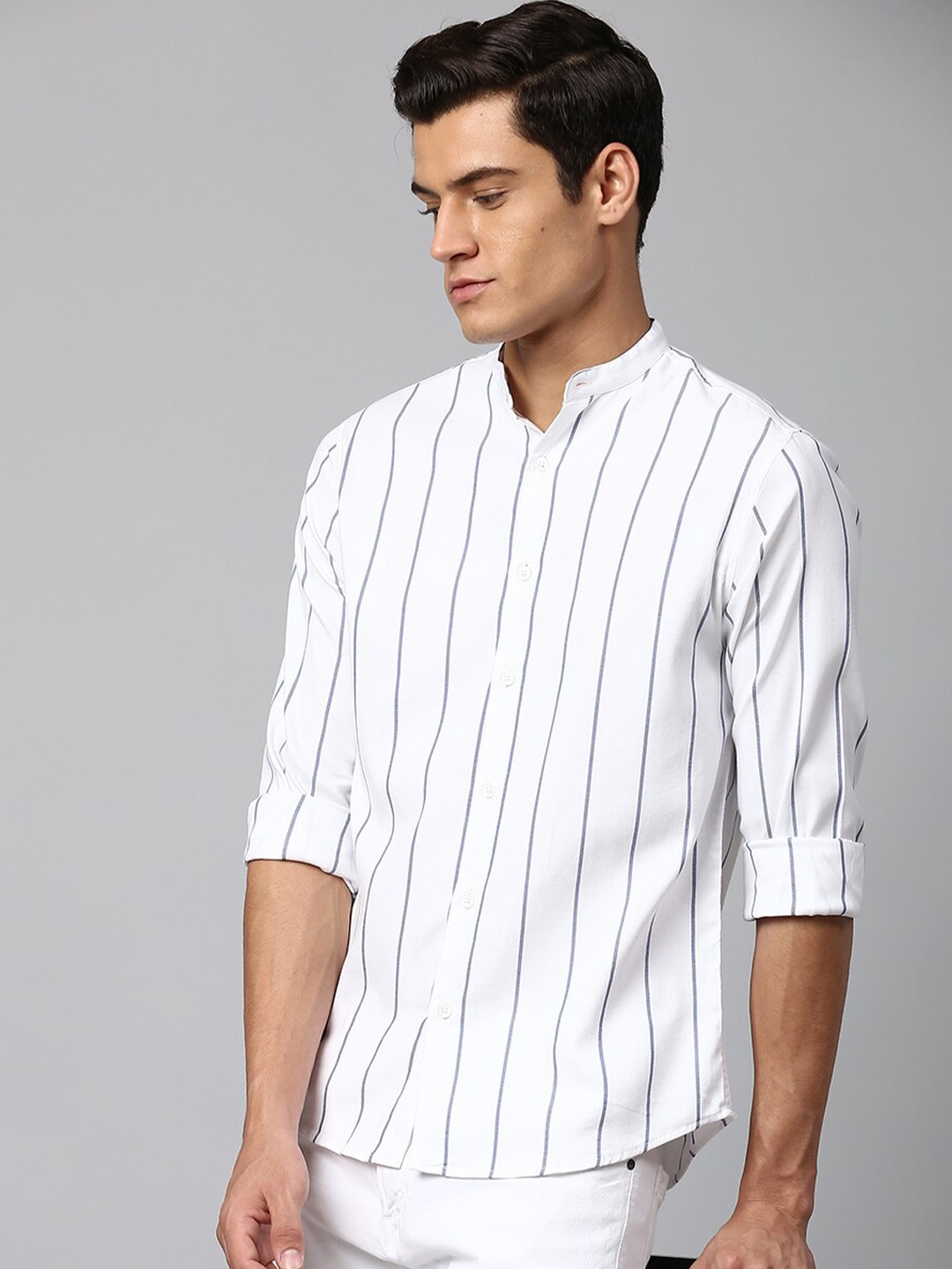 

Dennis Lingo Men White Slim Fit Vertical Striped Cotton Casual Shirt