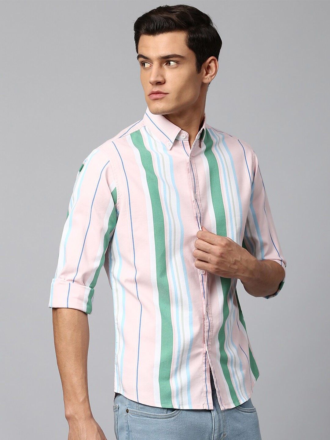 

Dennis Lingo Men Green Slim Fit Striped Pure Cotton Casual Shirt