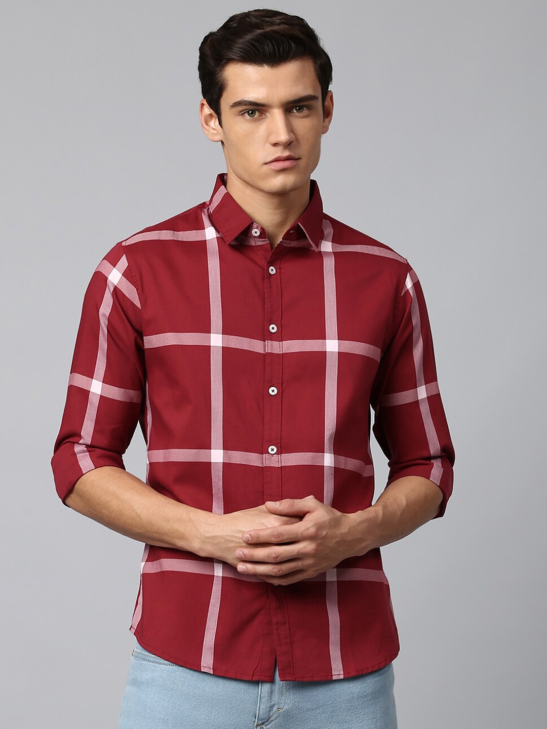 

Dennis Lingo Men Red Slim Fit Windowpane Checked Casual Shirt