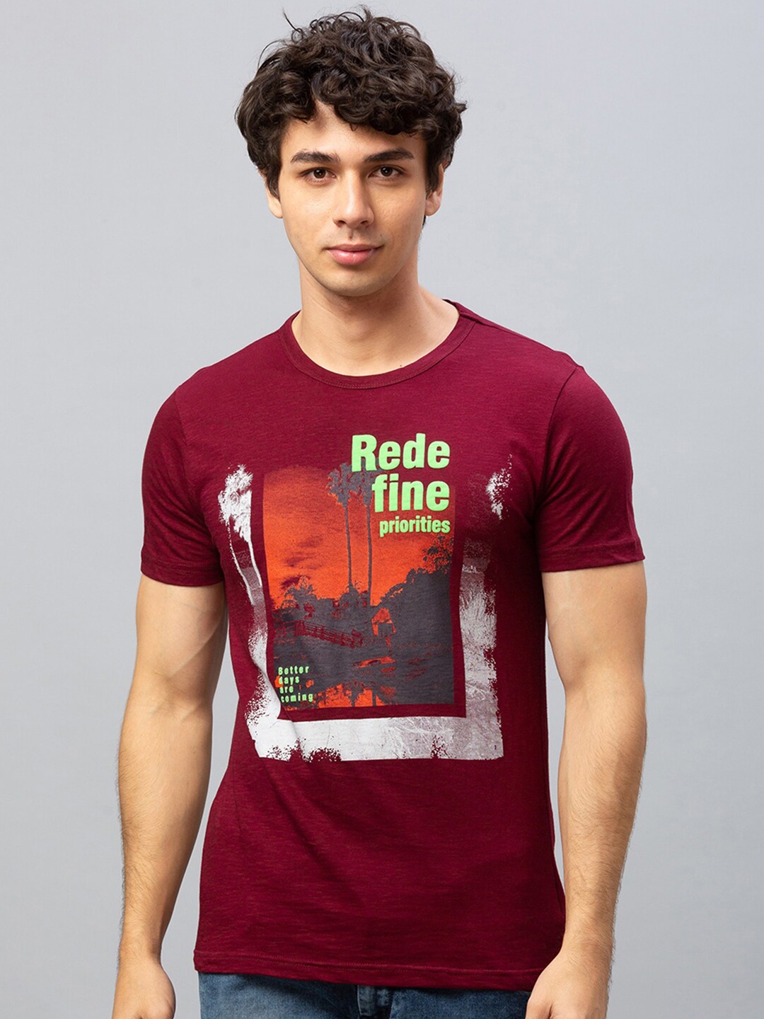 

Globus Men Burgundy Typography Printed Slim Fit T-shirt