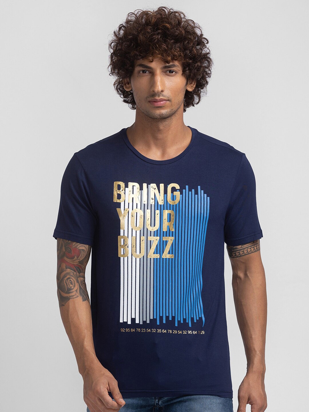 

Globus Men Navy Blue Typography Printed Raw Edge T-shirt