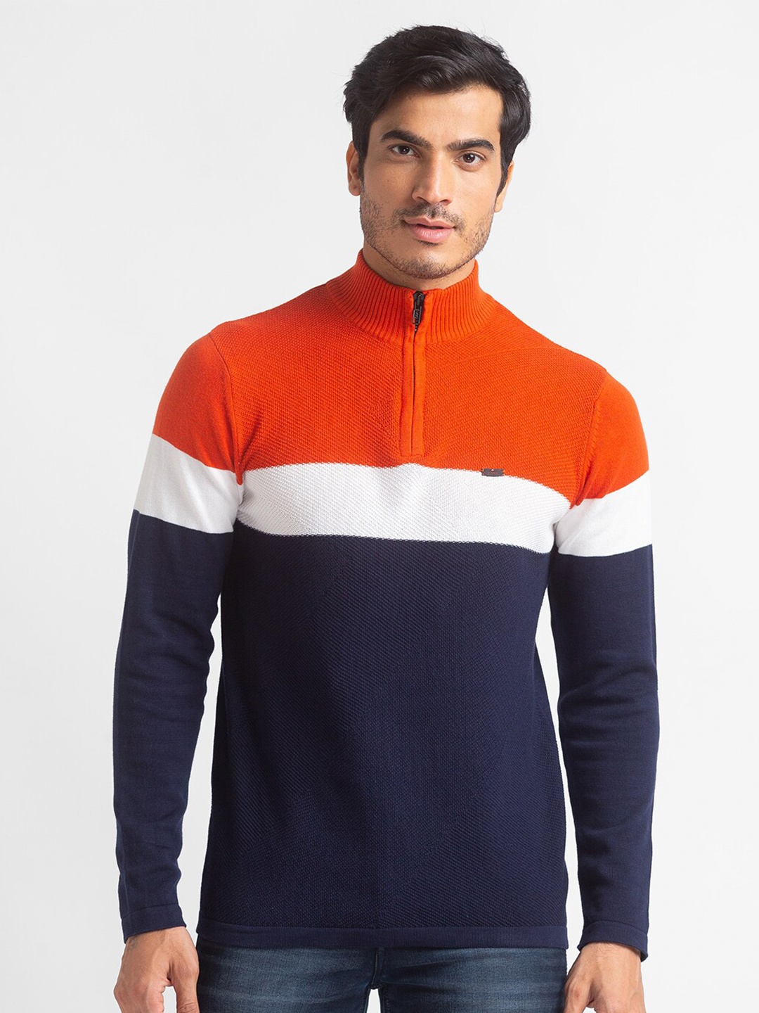 

Globus Men Orange & Navy Blue Colourblocked High Neck Cotton T-shirt