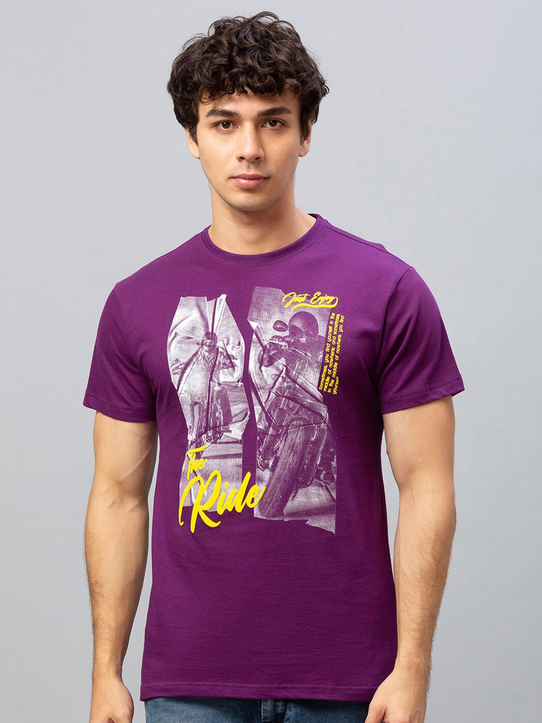 

Globus Men Purple Typography Printed Raw Edge Cotton T-shirt
