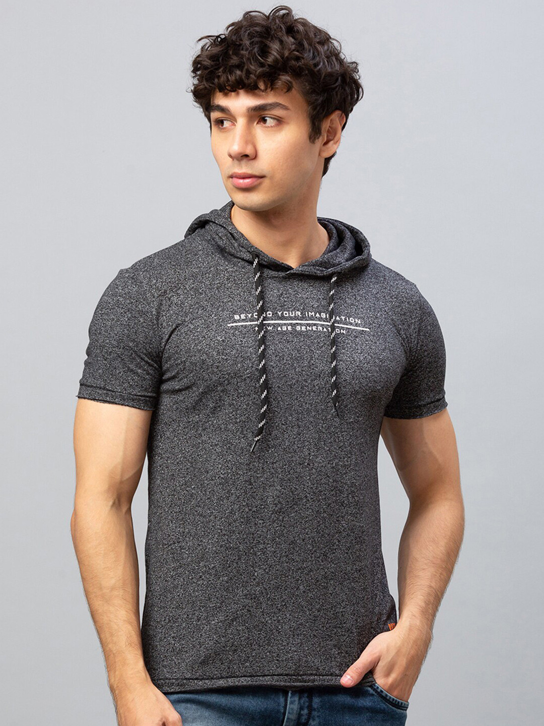 

Globus Men Black Hooded Printed Slim Fit Pure Cotton T-shirt