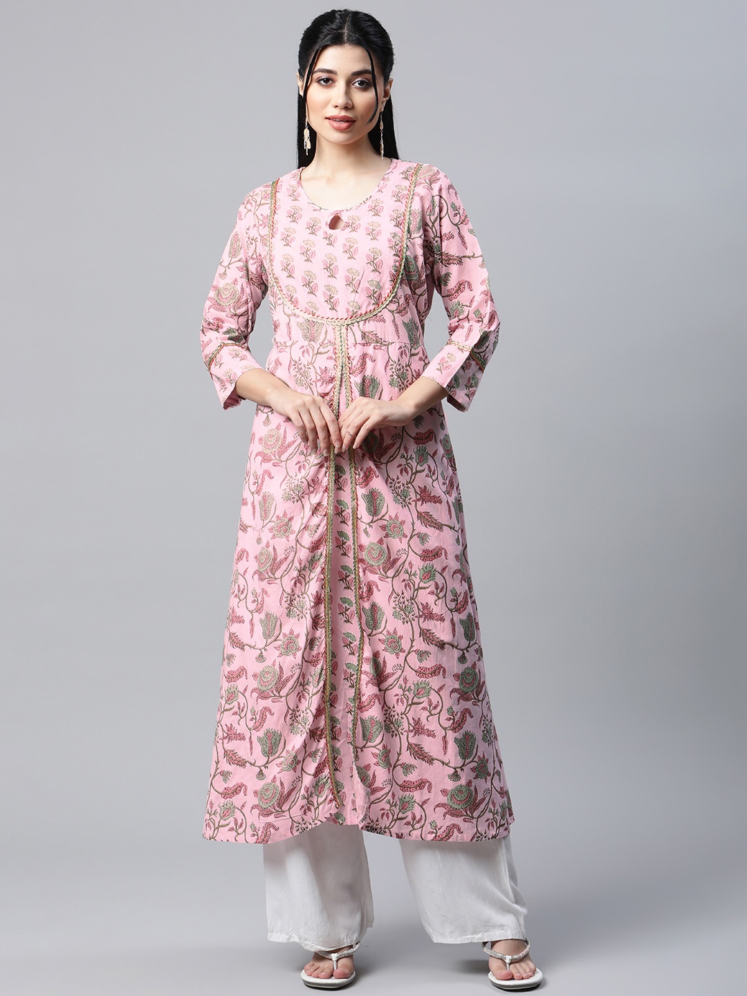 

mokshi Women Pink & Green Ethnic Printed Gotta Patti Anarkali Cotton Kurta