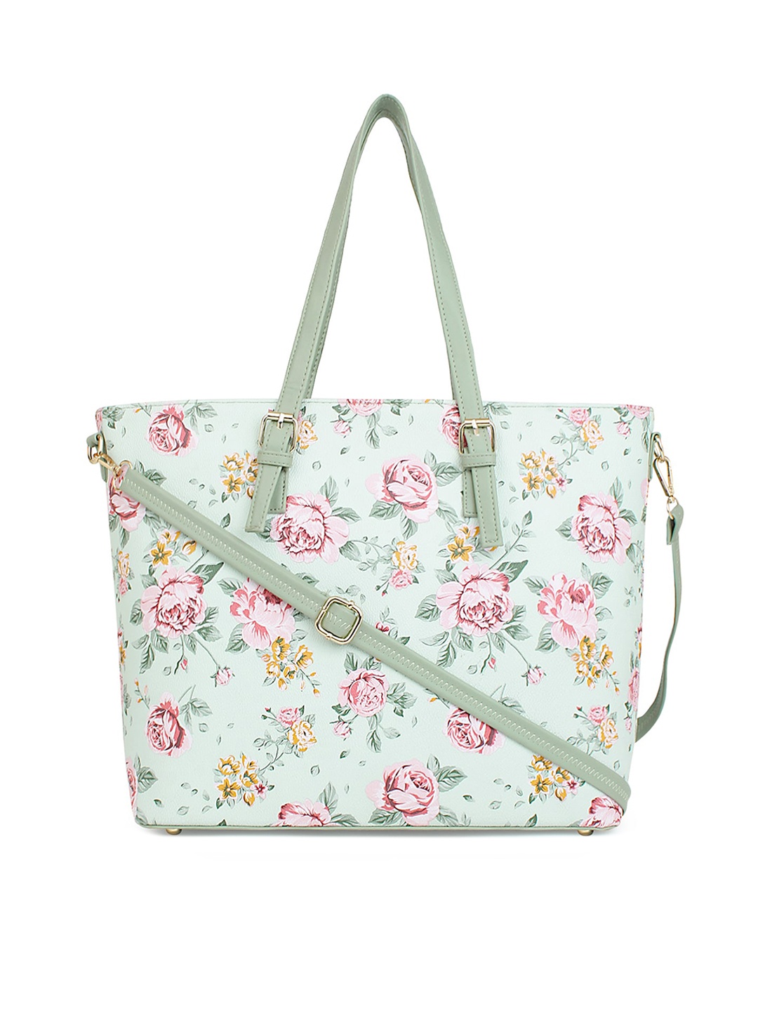 

LEGAL BRIBE Green Floral Printed PU Structured Shoulder Bag with Cut Work