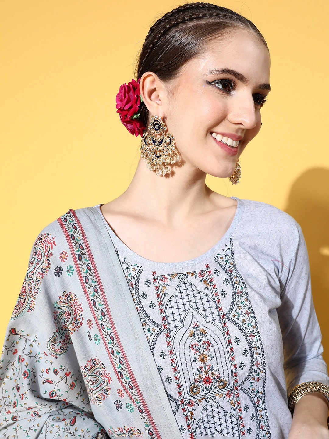 

Kvsfab Women Floral Pure Cotton Print Parade Kurta Set, Blue
