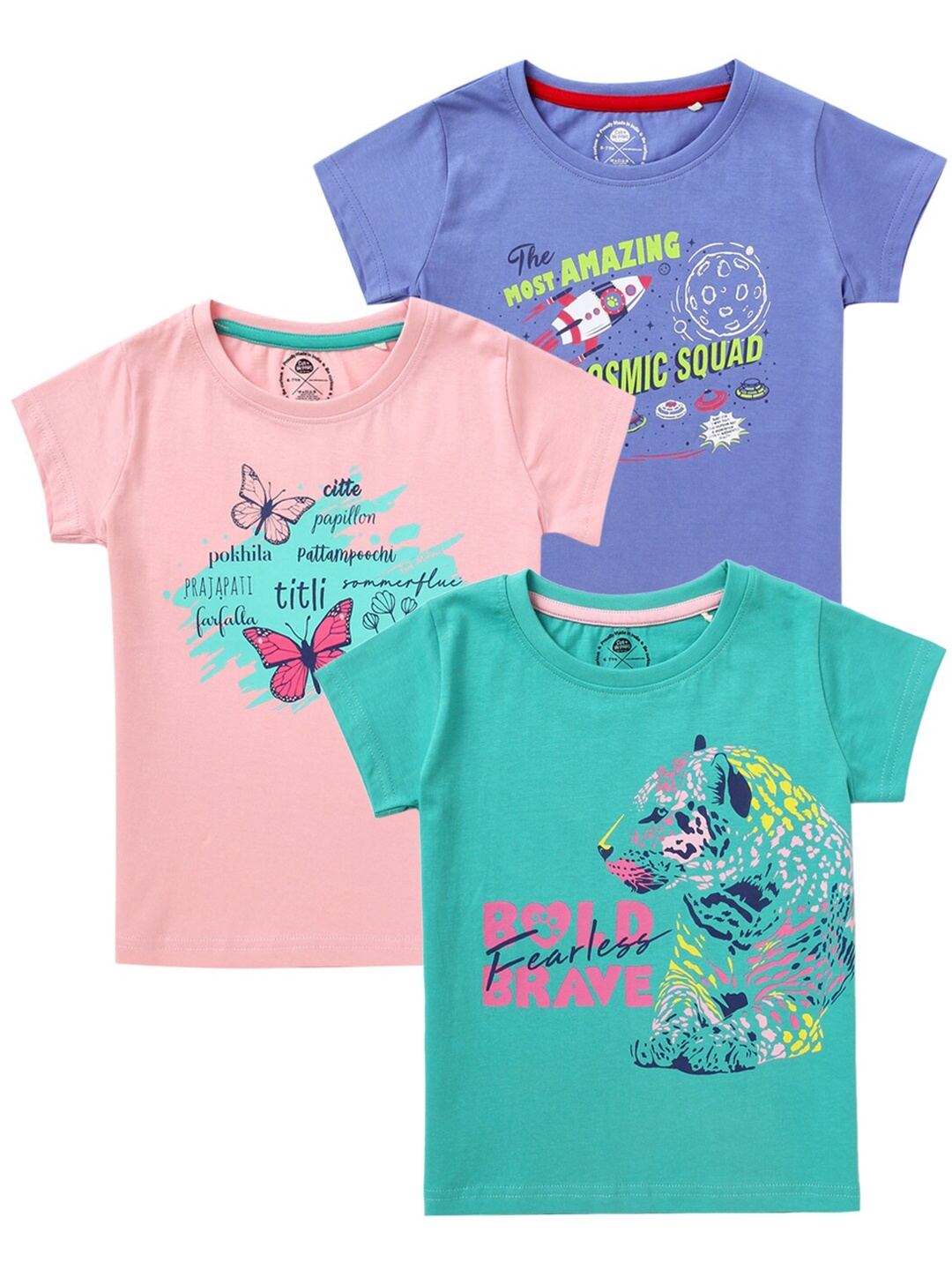 

Cub McPaws Girls Pack Of 3 Purple & Peach-Coloured Printed T-shirt