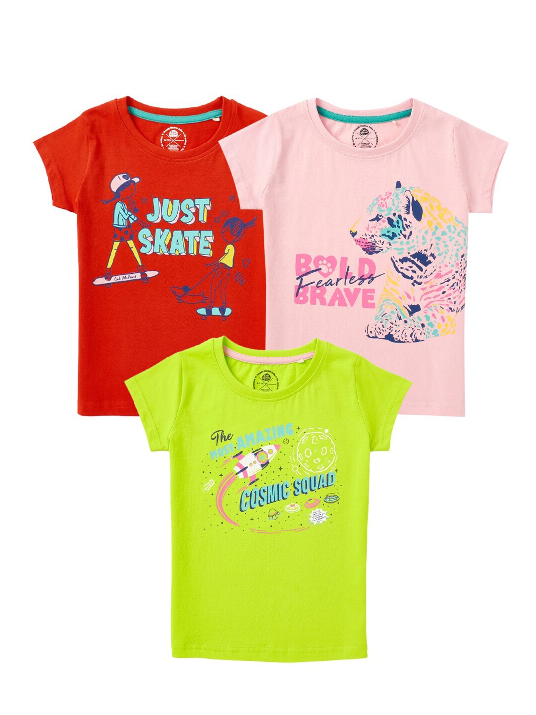 

Cub McPaws Girls Red Fluorescent Green & Pink Cotton Typography 3 Pack Printed T-shirts
