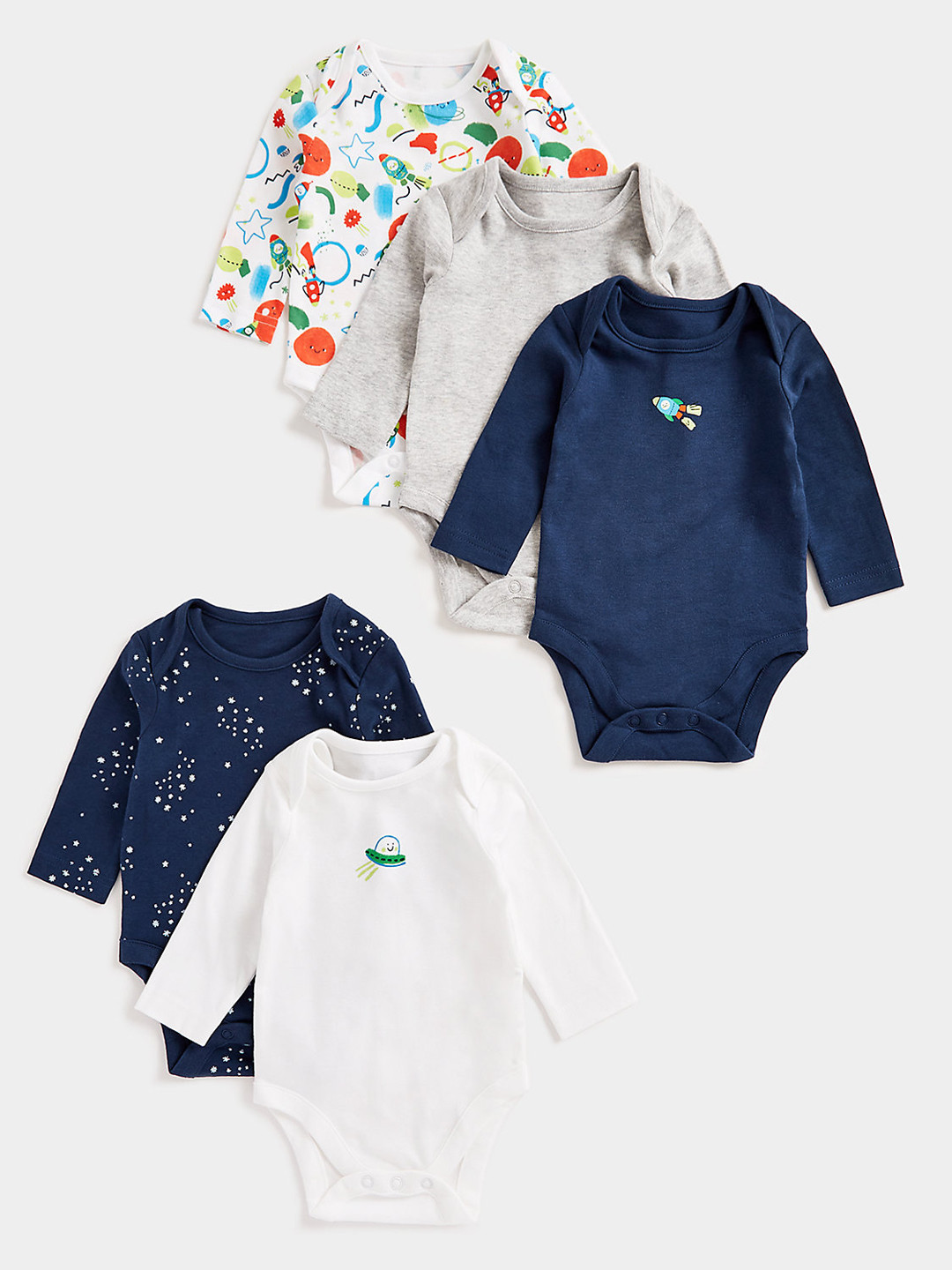 

mothercare Boys Set Of 5 Printed & Solid Pure Cotton Bodysuits, Navy blue