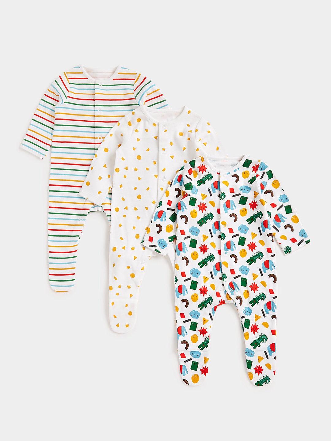 

mothercare Infants Pack of 3 Printed Pure Cotton Sleepsuits, White