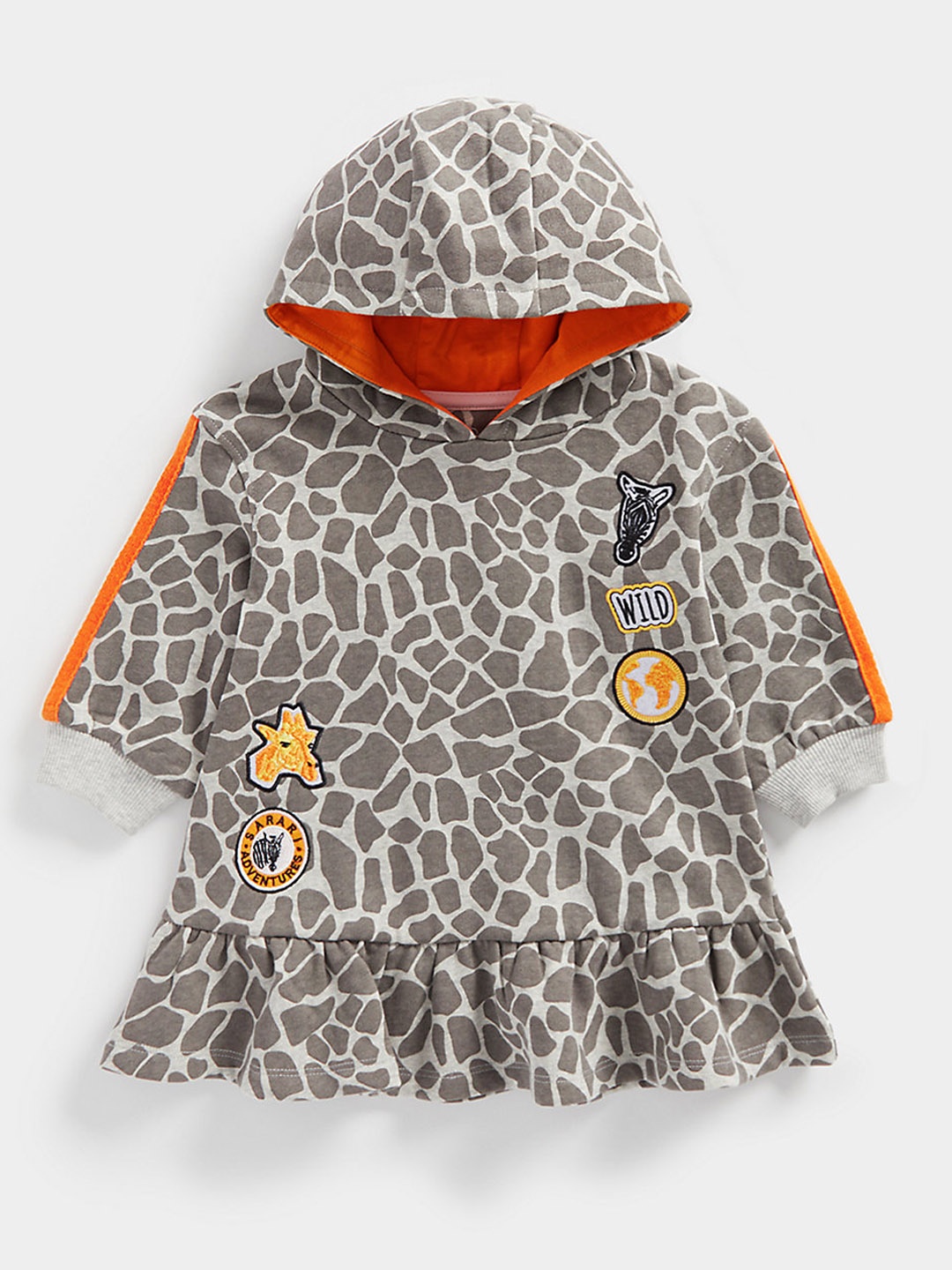 

mothercare Infant Girls Animal Printed Pure Cotton Hooded A-Line Dress with Applique, Grey