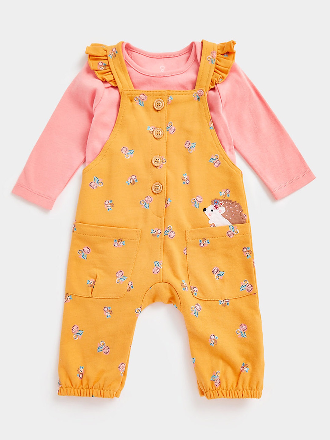 

mothercare Infant Girls Pure Cotton Bodysuit with Printed Dungaree, Pink