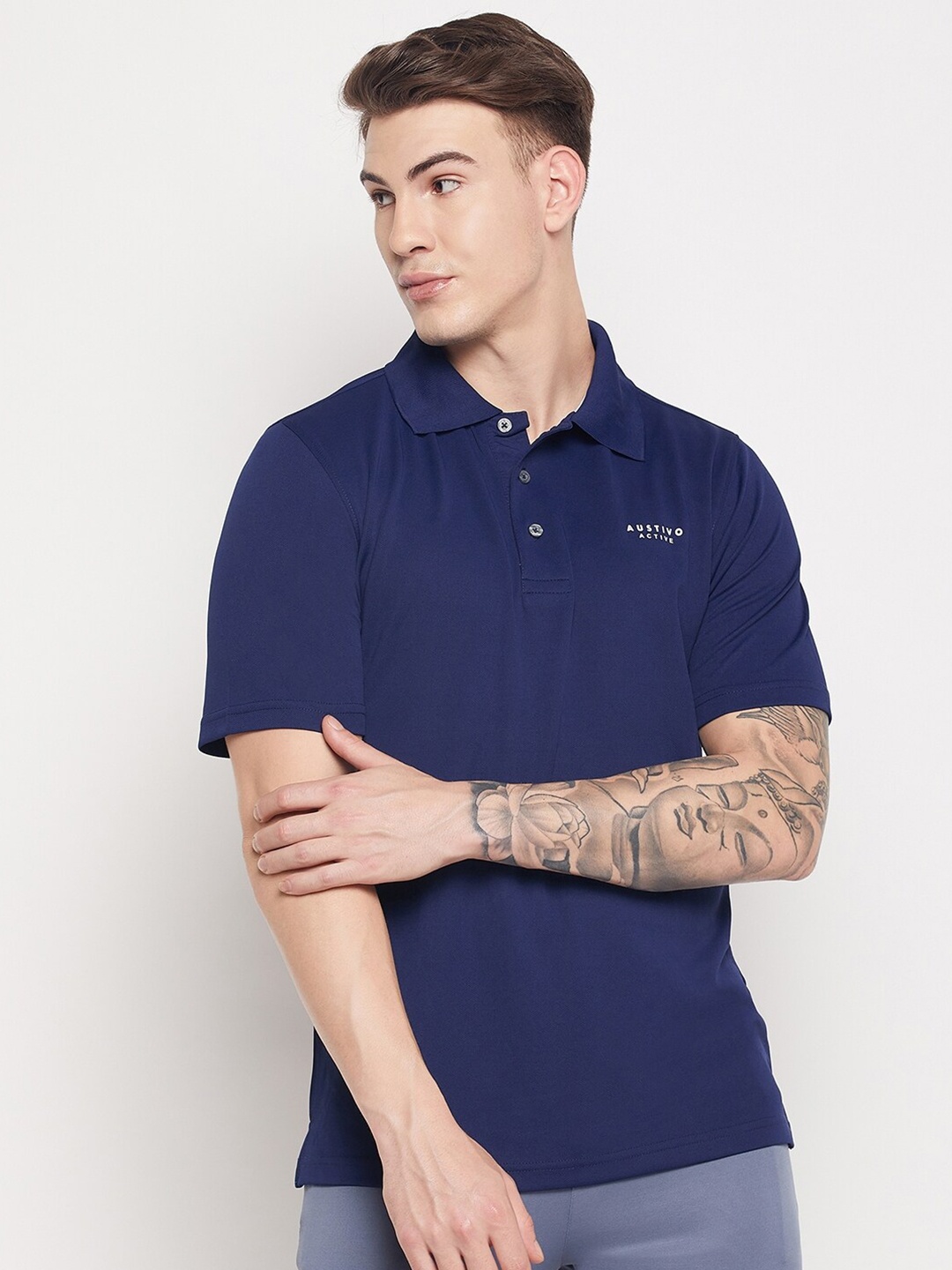 

AUSTIVO Men Navy Blue Polo Collar T-shirt