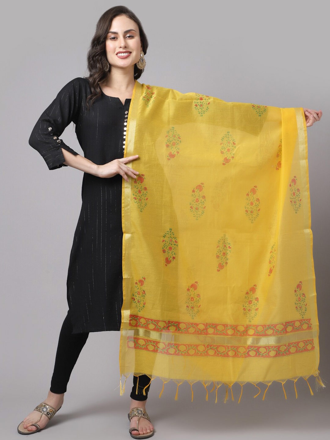 

LOOM LEGACY Yellow & Pink Woven Design Cotton Silk Dupatta with Zari