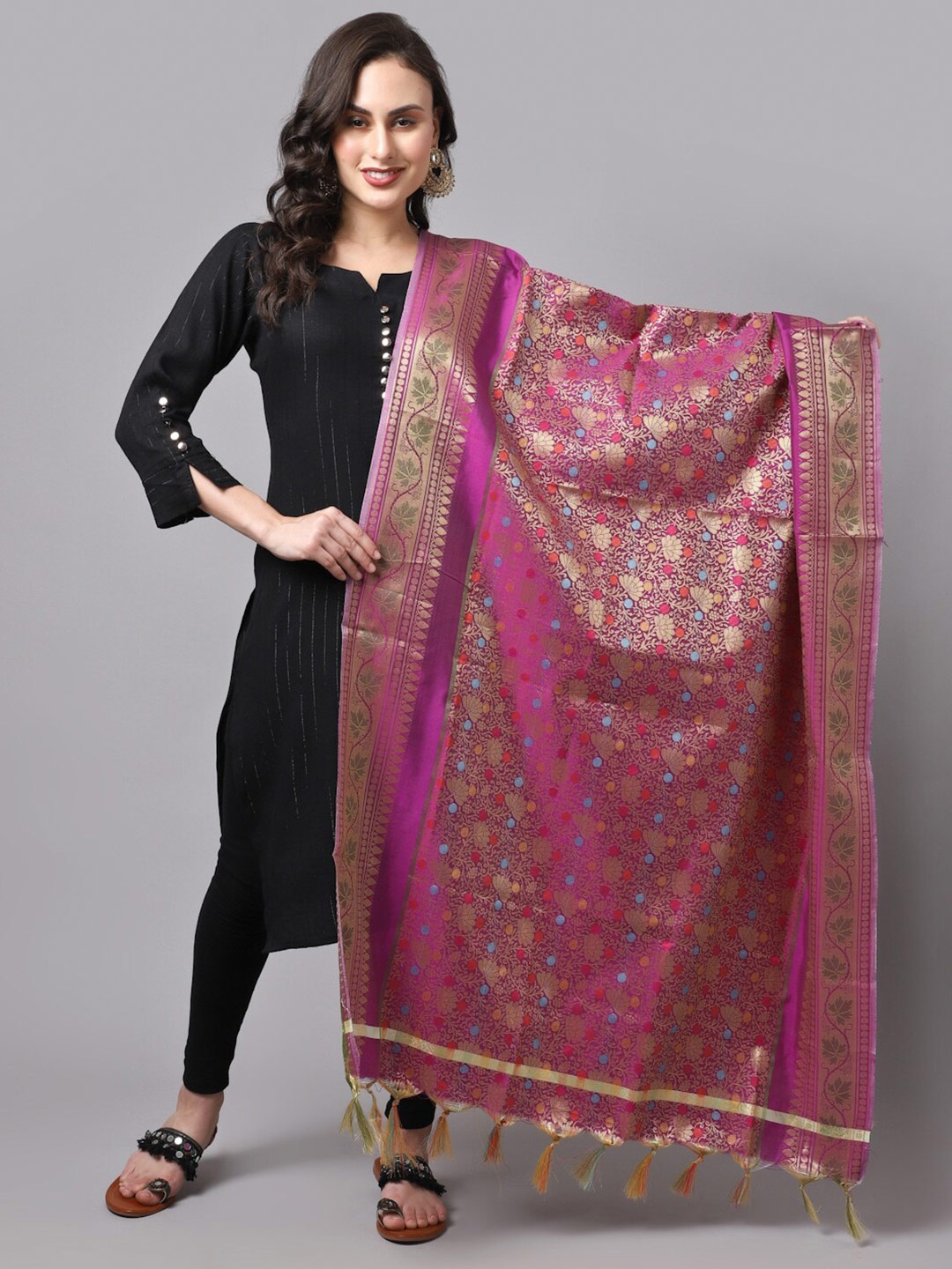 

LOOM LEGACY Purple & Gold-Toned Woven Design Cotton Silk Dupatta with Zari