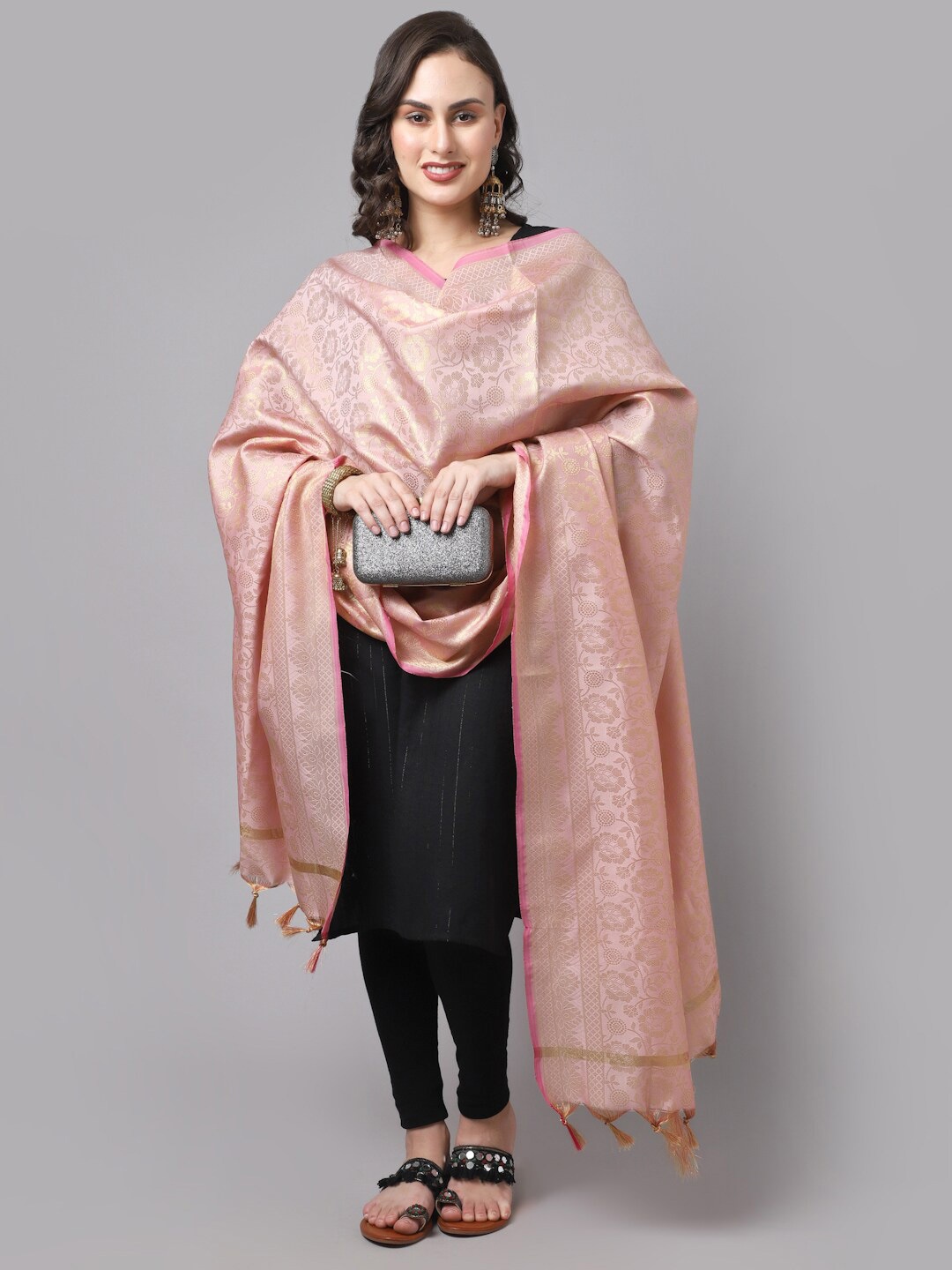 

LOOM LEGACY Pink & Gold-Toned Woven Design Cotton Silk Dupatta with Zari