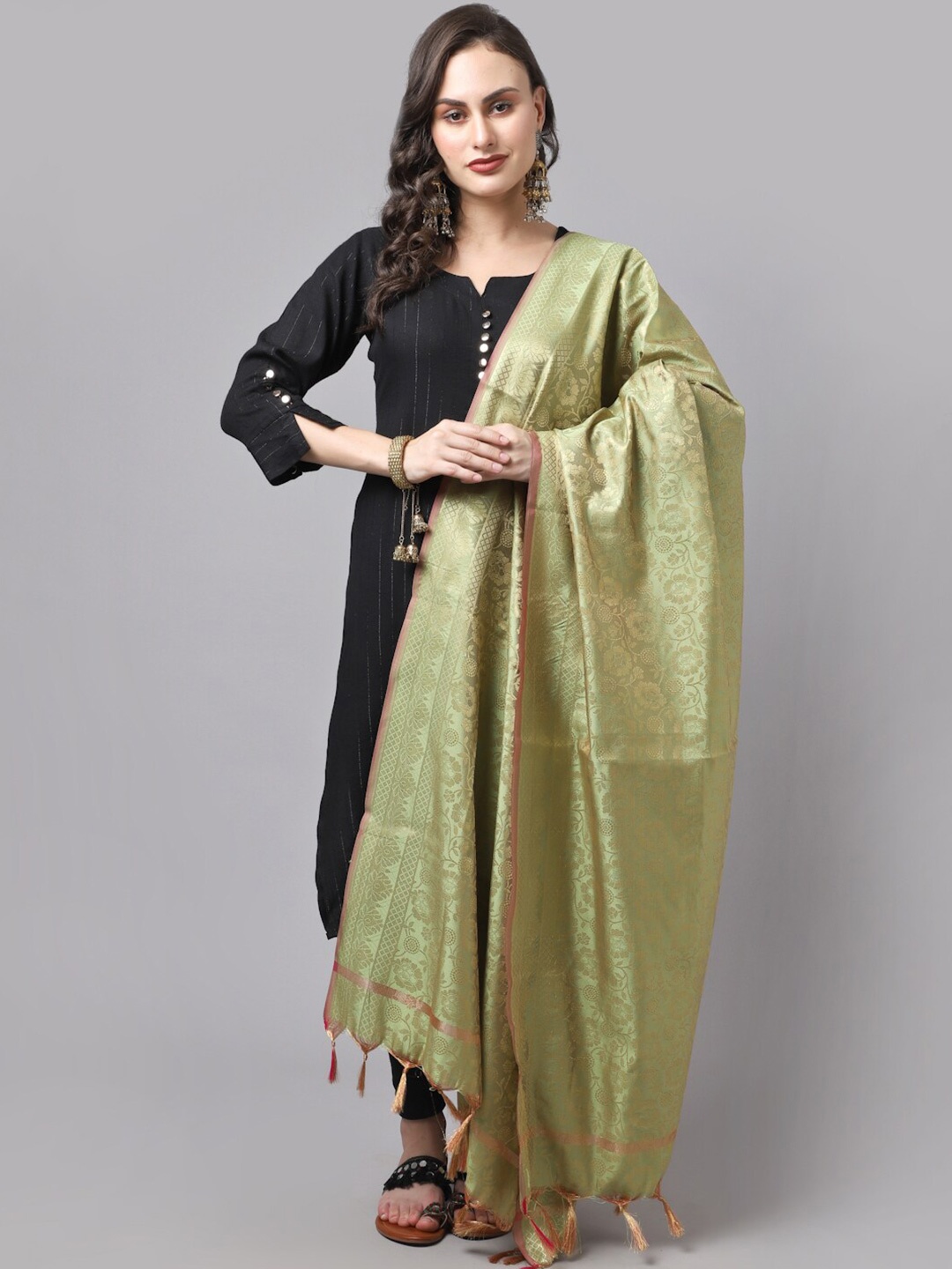 

LOOM LEGACY Green & Gold-Toned Woven Design Cotton Silk Dupatta