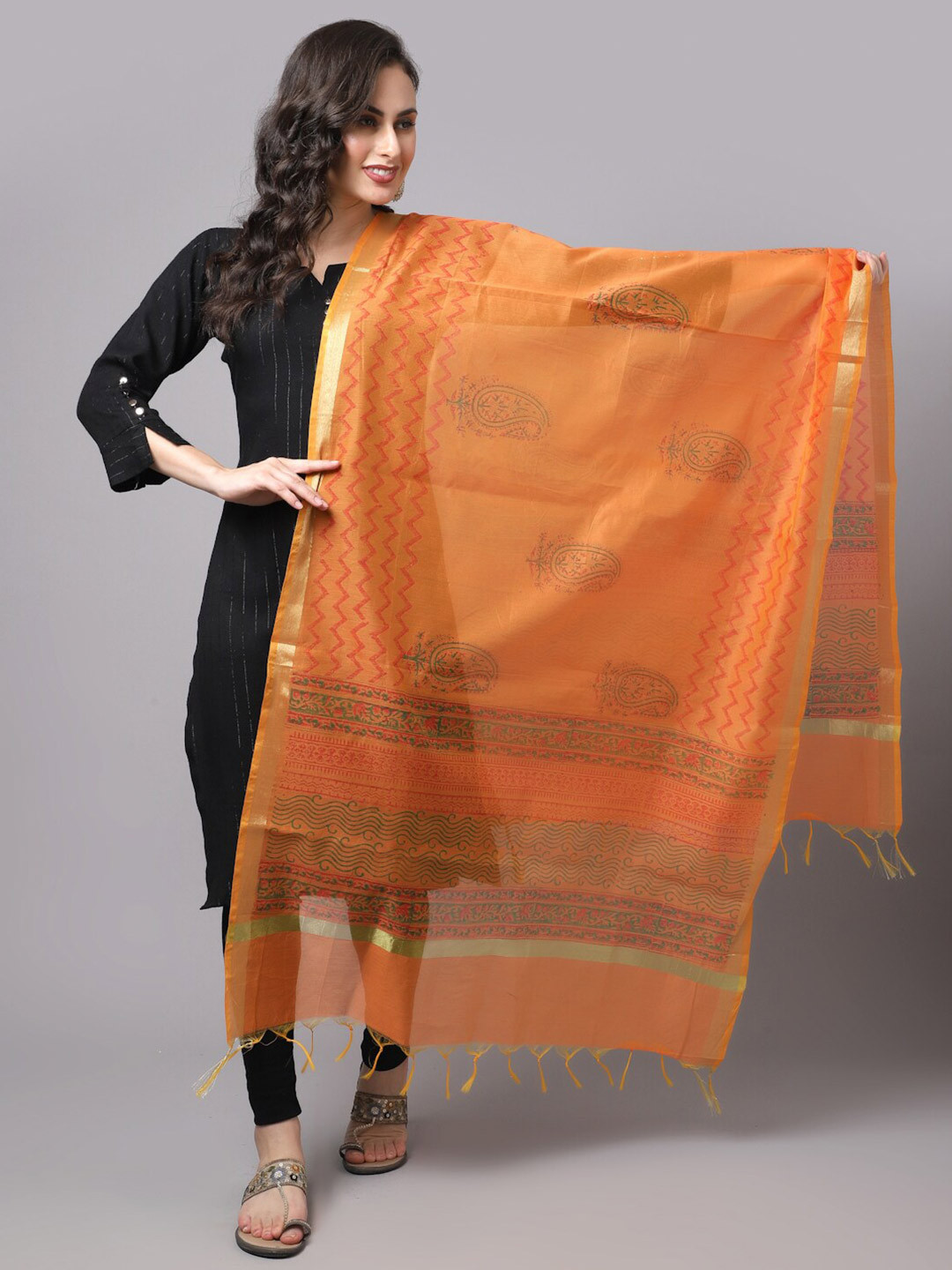

LOOM LEGACY Orange & Gold-Toned Ethnic Motifs Woven Design Cotton Silk Dupatta with Zari