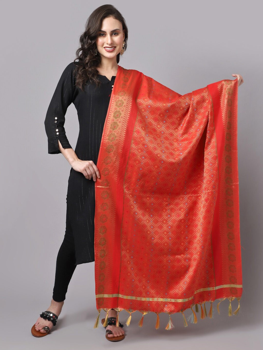 

LOOM LEGACY Red & Gold-Toned Ethnic Motifs Woven Design Cotton Silk Dupatta with Zari