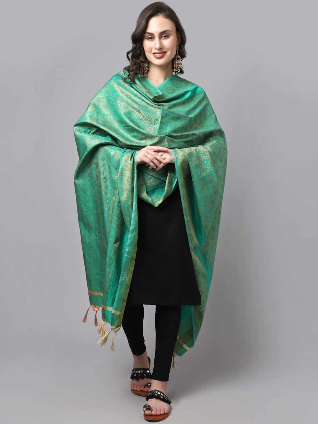 

LOOM LEGACY Green & Gold-Toned Ethnic Motifs Woven Design Cotton Silk Dupatta with Zari