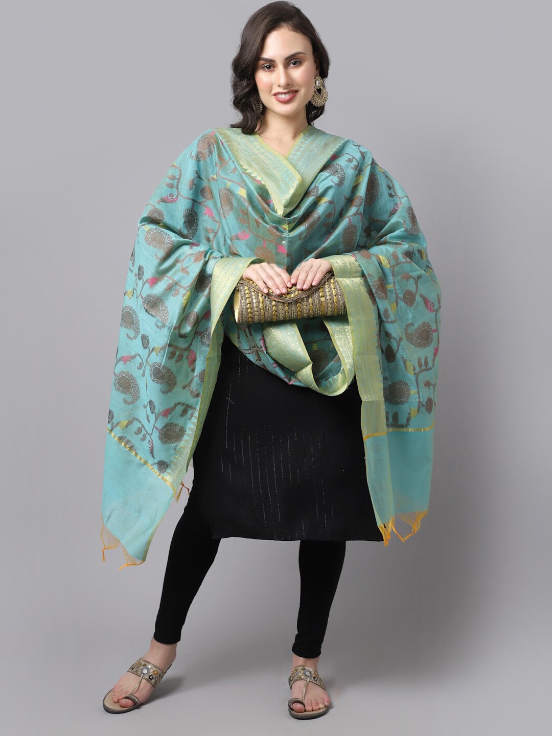 

LOOM LEGACY Turquoise Blue & Gold-Toned Woven Design Dupatta with Zari