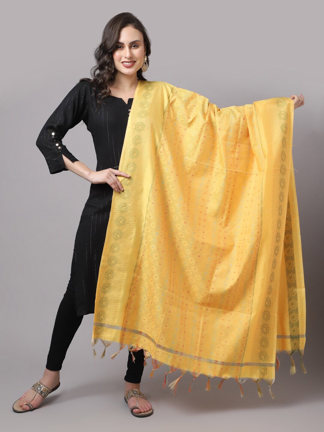

LOOM LEGACY Yellow Woven Design Cotton Silk Dupatta with Zari
