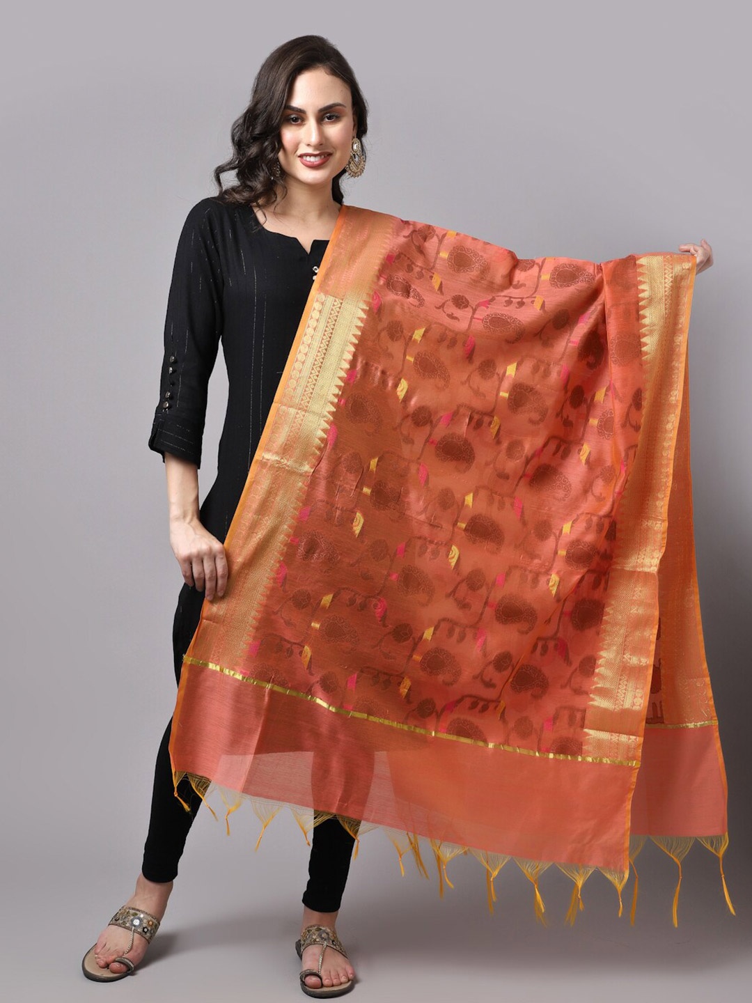 

LOOM LEGACY Orange & Gold-Toned Woven Design Cotton Silk Dupatta with Zari