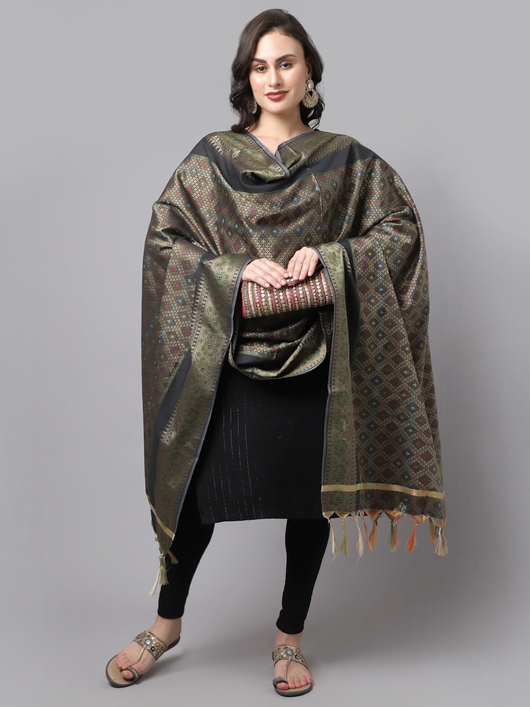 

LOOM LEGACY Black & Gold-Toned Woven Design Cotton Silk Dupatta with Zari