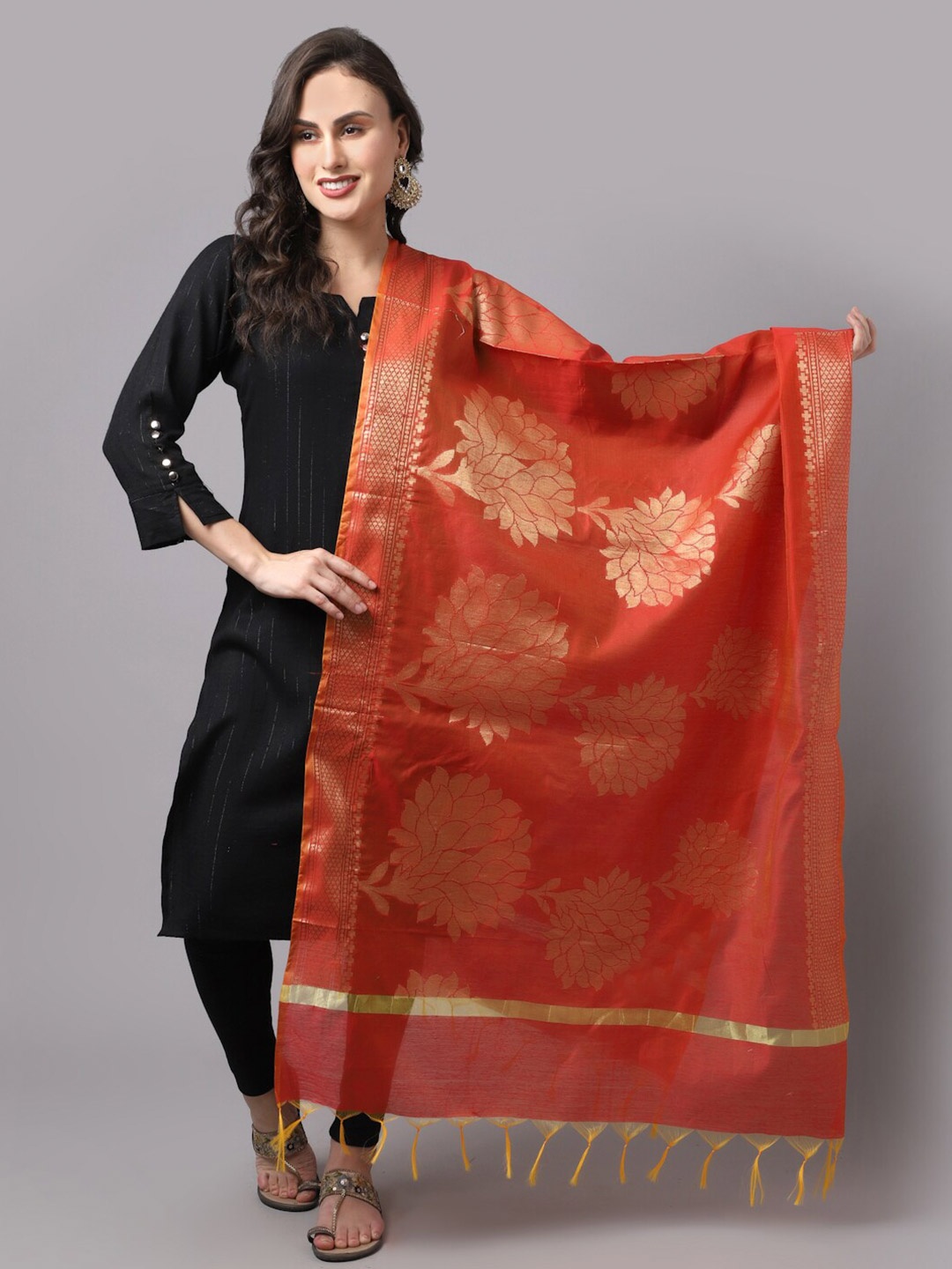 

LOOM LEGACY Red & Gold-Toned Ethnic Motifs Woven Design Cotton Silk Dupatta with Zari