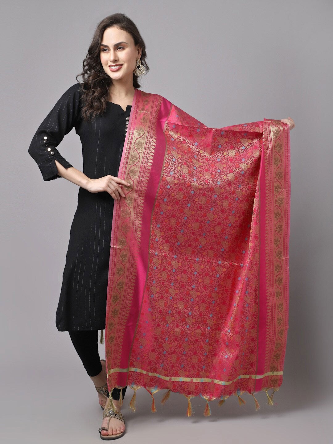

LOOM LEGACY Pink & Gold-Toned Woven Design Zari Cotton Silk Dupatta