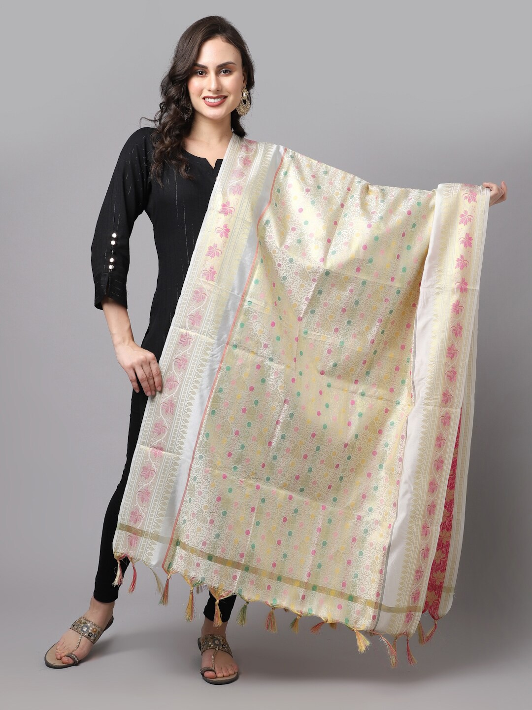 

LOOM LEGACY Cream-Coloured & Gold-Toned Woven Design Cotton Silk Dupatta with Zari