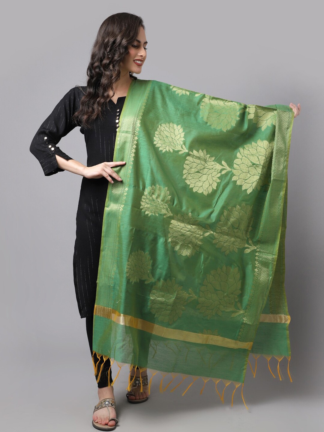 

LOOM LEGACY Green & Gold-Toned Ethnic Motifs Woven Design Cotton Silk Dupatta with Zari