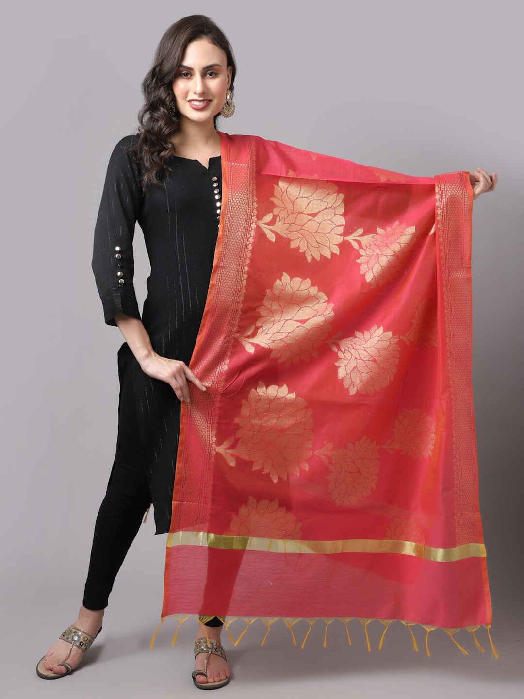 

LOOM LEGACY Women Pink & Gold-Toned Jacquard Cotton Silk Zari Dupatta