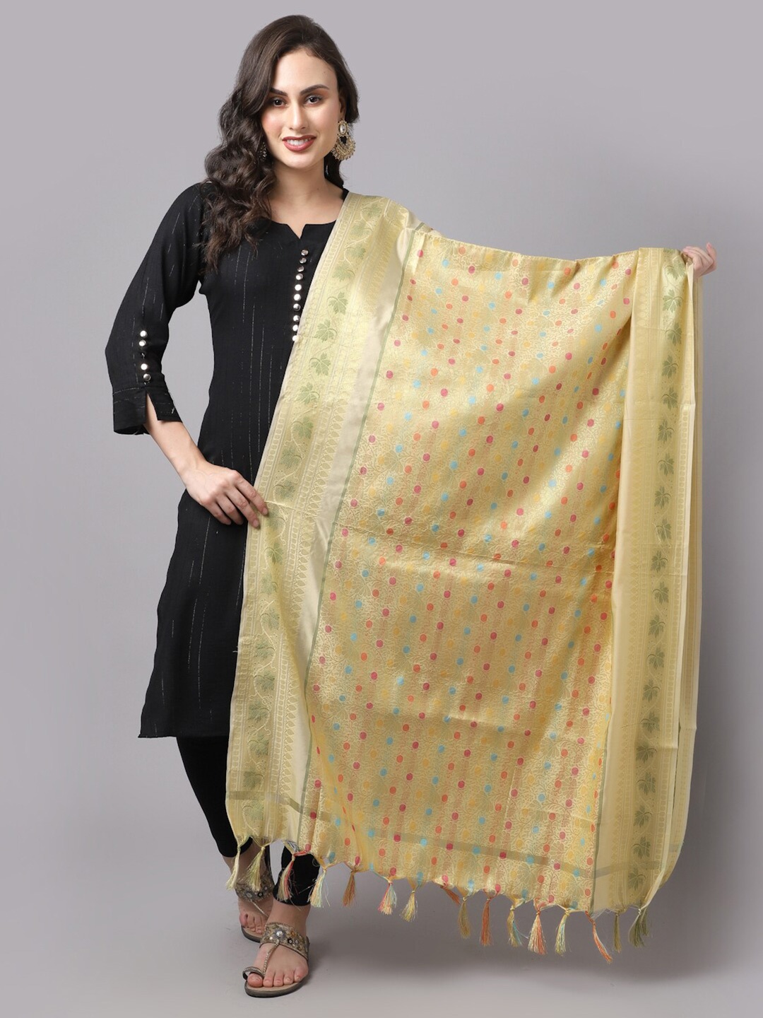 

LOOM LEGACY Gold-Toned & Blue Ethnic Motifs Woven Design Cotton Silk Dupatta with Zari