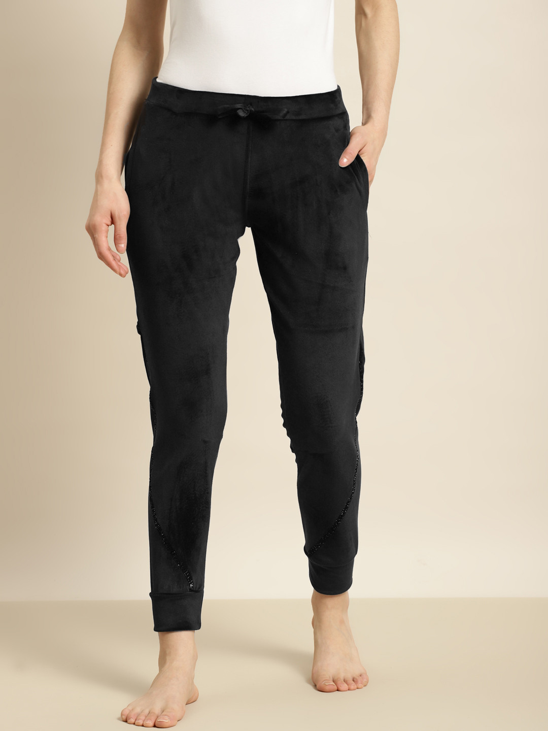 

Sweet Dreams Women Black Solid with Side Striped Detail Lounge Pants