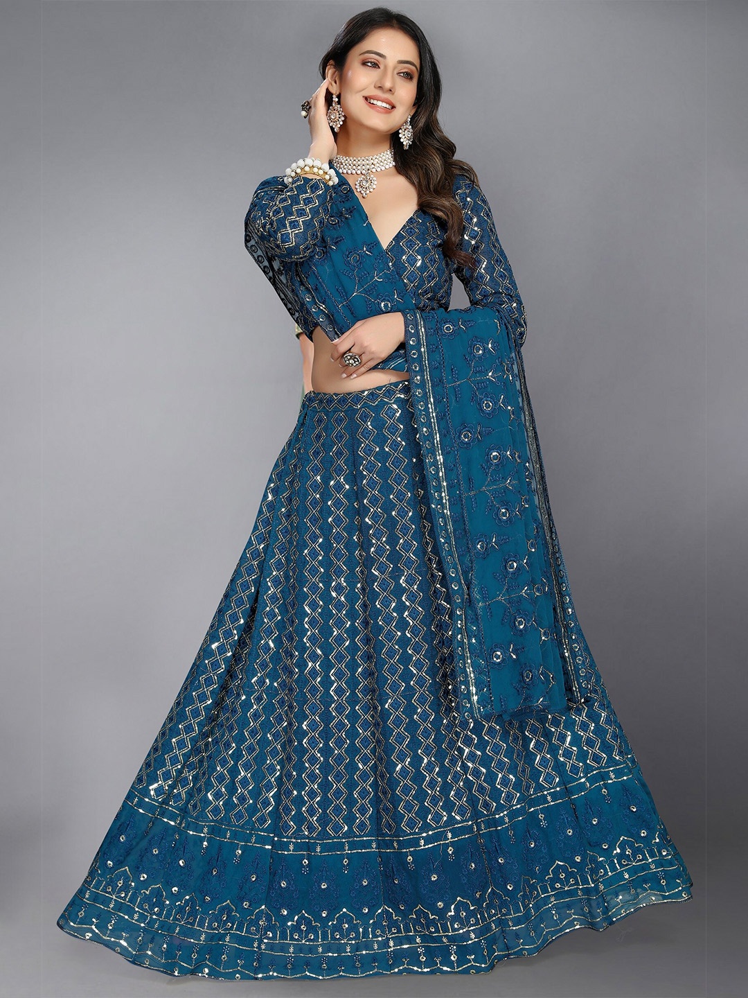 

Nityanta Fab Embroidered Semi-Stitched Lehenga & Unstitched Blouse With Dupatta, Blue