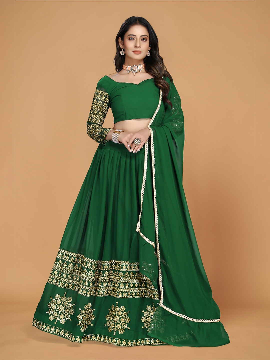 

Nityanta Fab Green & Gold-Toned Embroidered Patchwork Semi-Stitched Lehenga & Unstitched Blouse With Dupatta