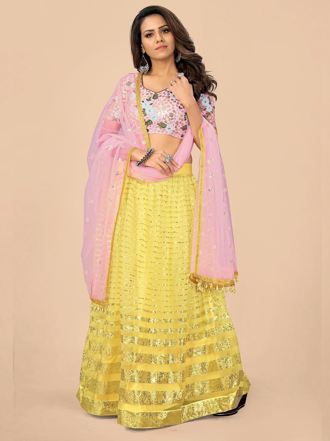 

Nityanta Fab Yellow & Pink Semi-Stitched Lehenga & Unstitched Blouse With Dupatta