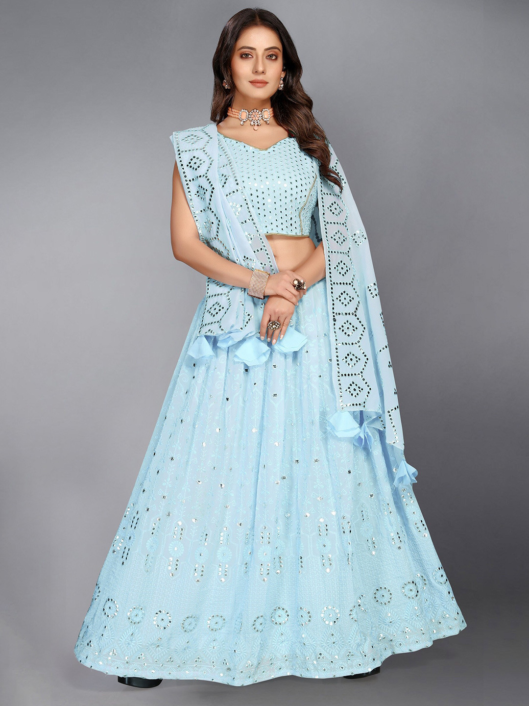 

Nityanta Fab Turquoise Blue Embroidered Patchwork Semi-Stitched Lehenga & Unstitched Blouse With Dupatta