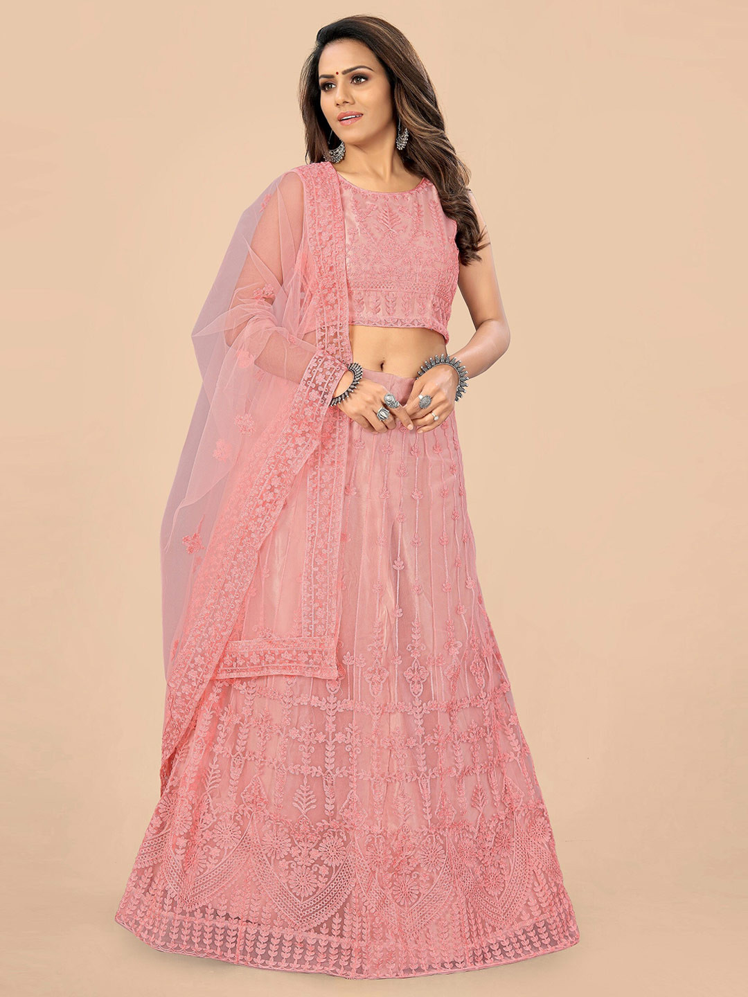 

Nityanta Fab Peach-Coloured Embroidered Patchwork Semi-Stitched Lehenga & Unstitched Blouse With Dupatta