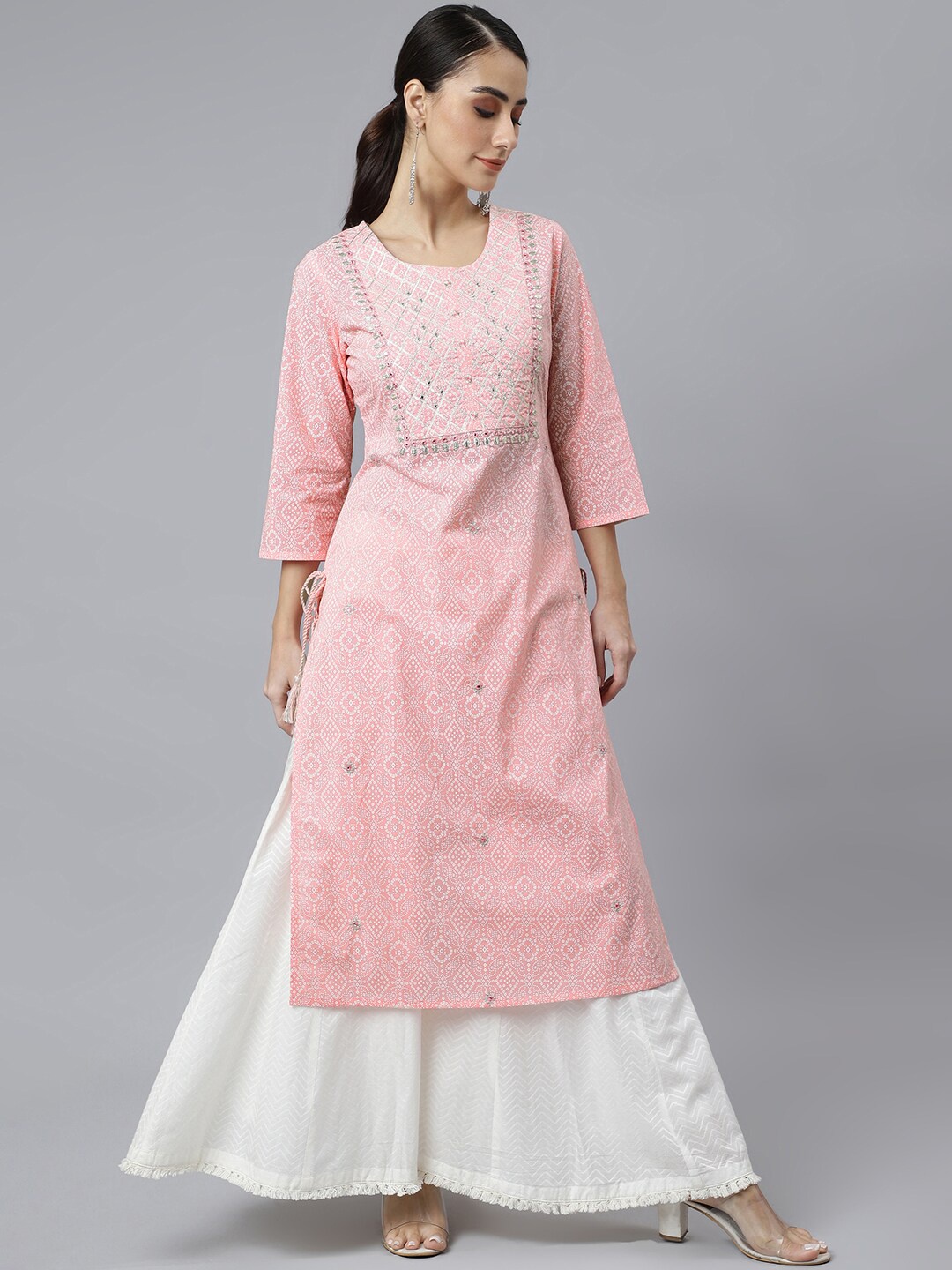 

Janasya Women Cotton Bandhani Print Straight Kurta, Pink