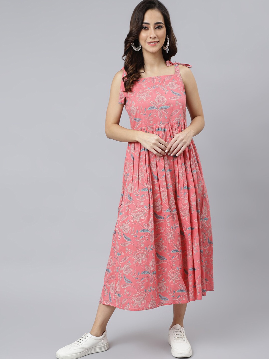 

Janasya Women Pink Cotton Floral Print Flared Western Dress