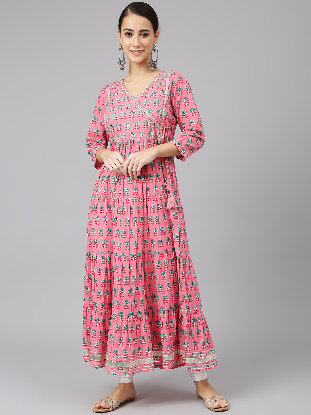 

Janasya Women Pink Cotton Block Print Anarkali Kurta