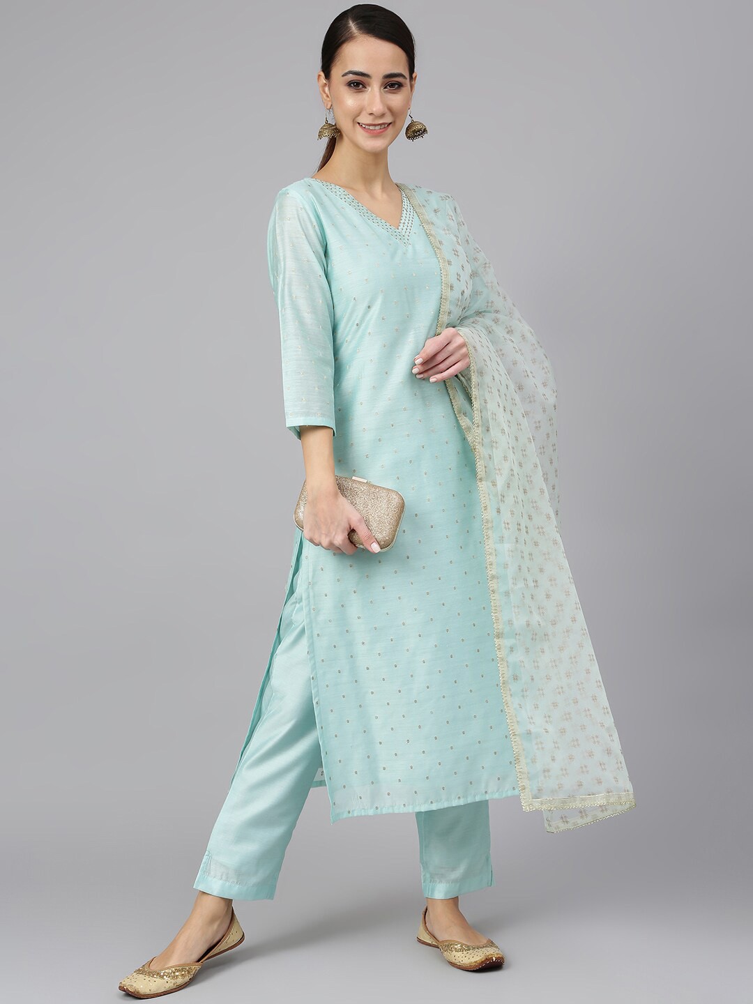 

Janasya Women Sea Green Chanderi Silk Embellished Kurta with Trousers and Dupatta