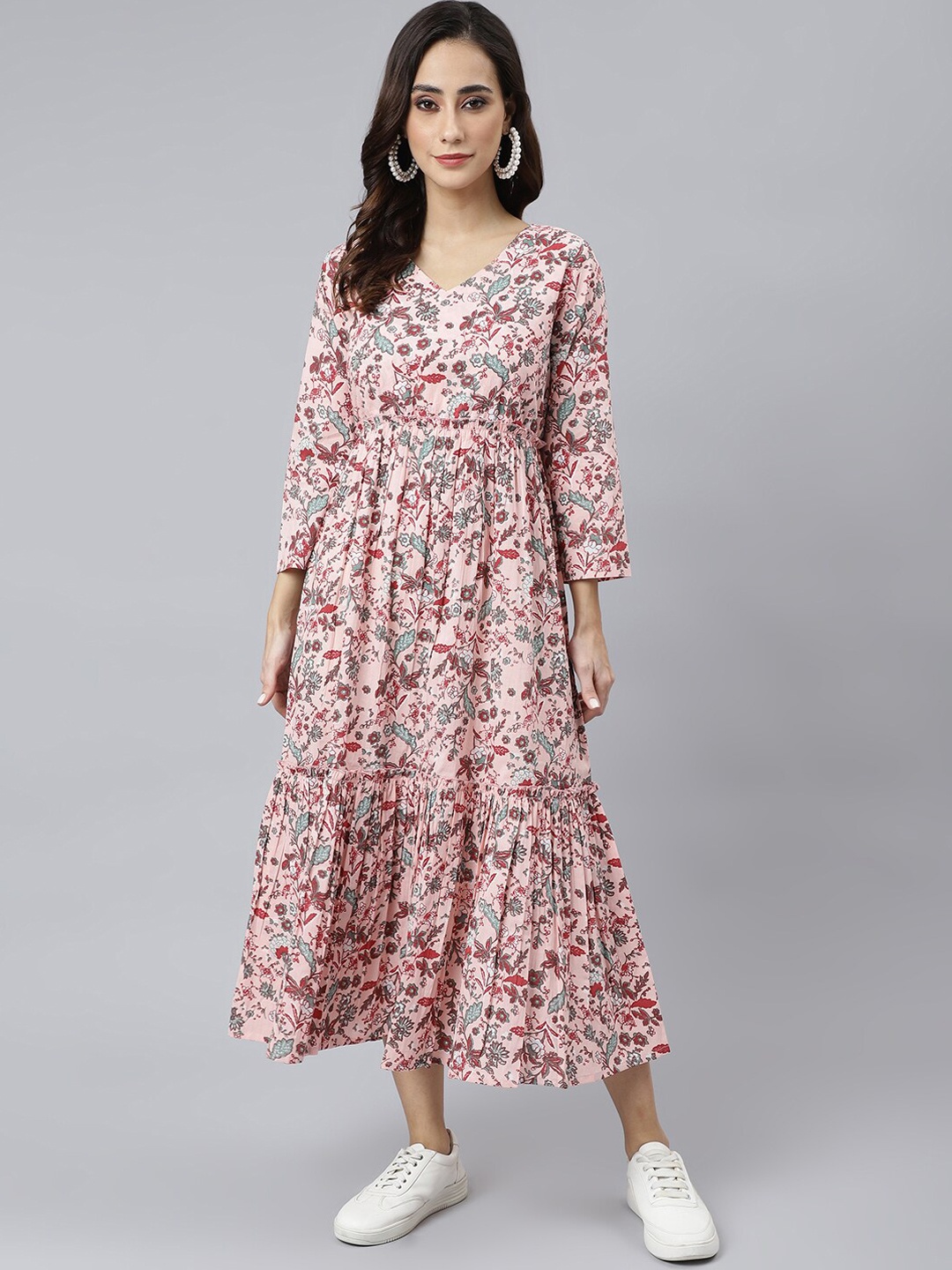 

Janasya Women Peach Cotton Floral Block Print Flared Dress