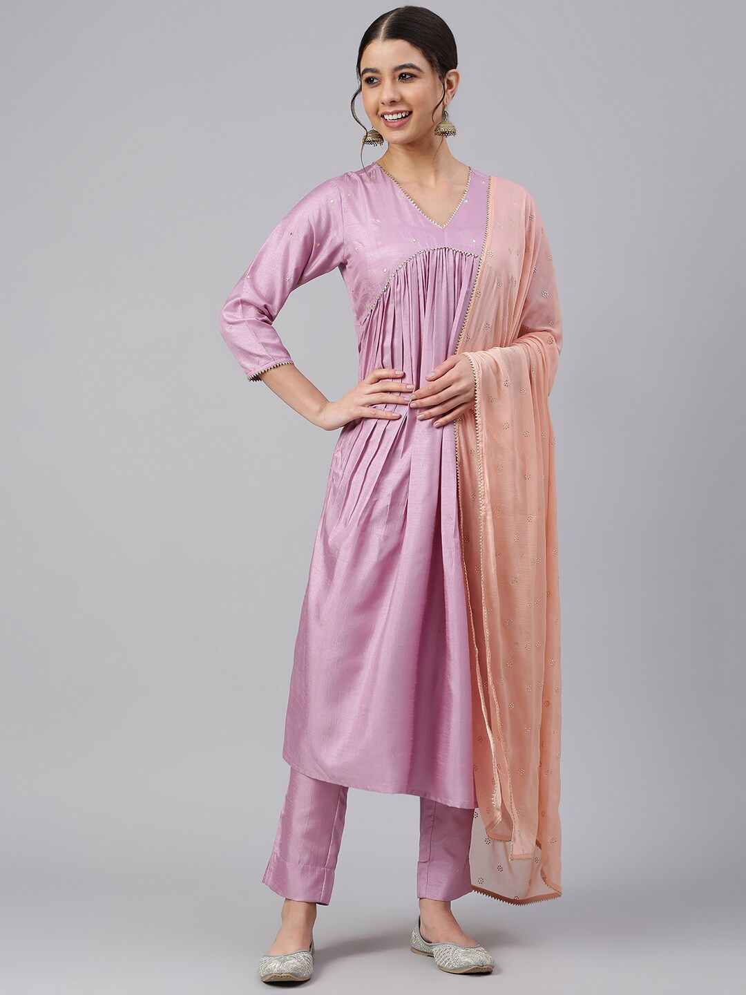 

Janasya Women Mauve Poly Silk Solid Kurta with Trousers and Dupatta