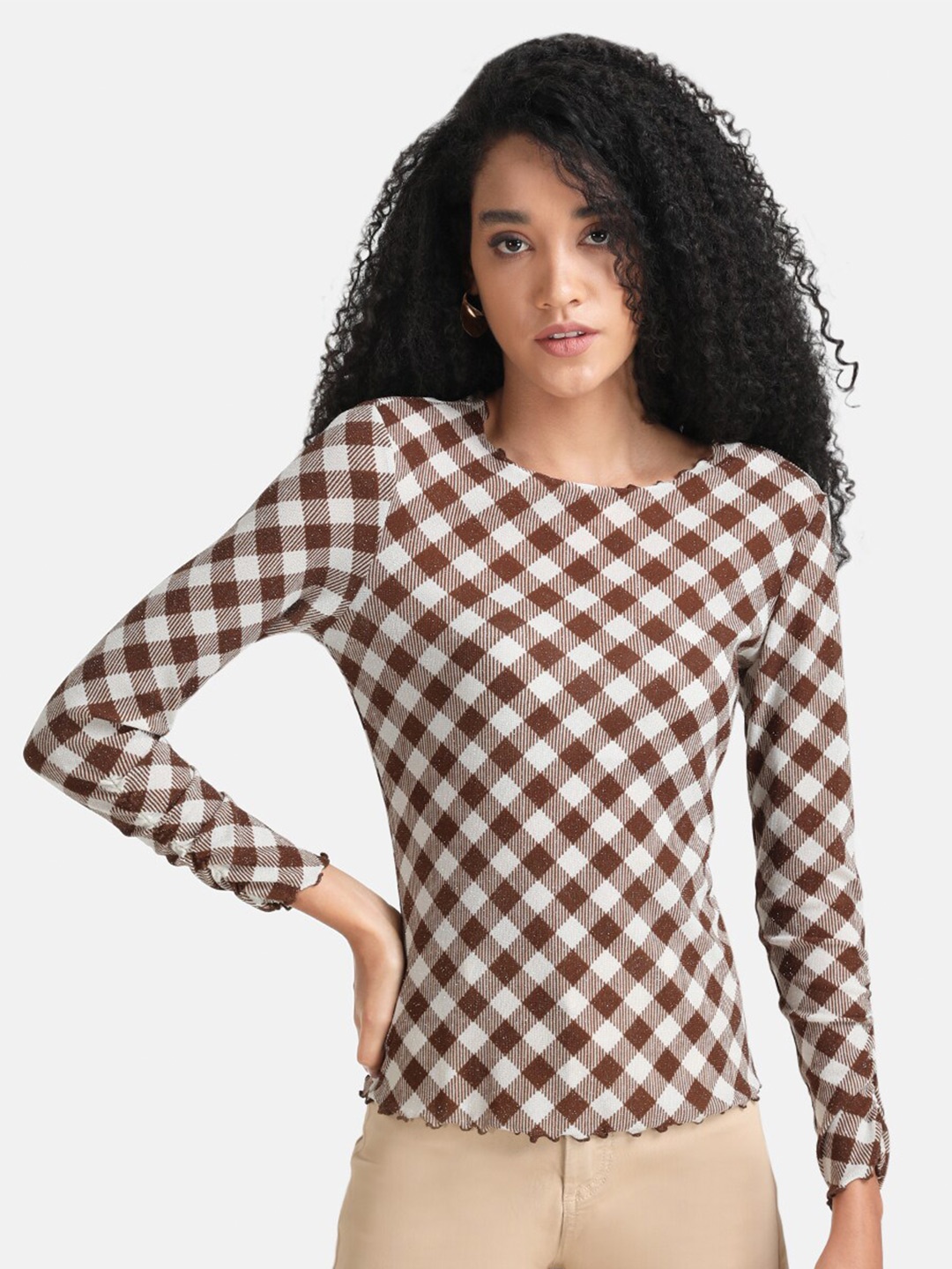 

Kazo Brown Checked Fitted Mesh Top